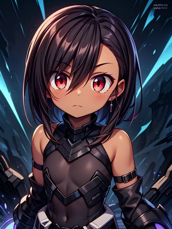 Masterpiece High res, high definition, (((dark skin tone))),dark skin male, dark skin, cute shota,red eyes, black hairpin, brown hair, medium dark brown hair,wearing a black exoskeleton, detached sleeves, black armoured Gauntlets, black tech jacket, black bodysuit,black exoskeleton, black fingerless gloves, blue gems, close up
