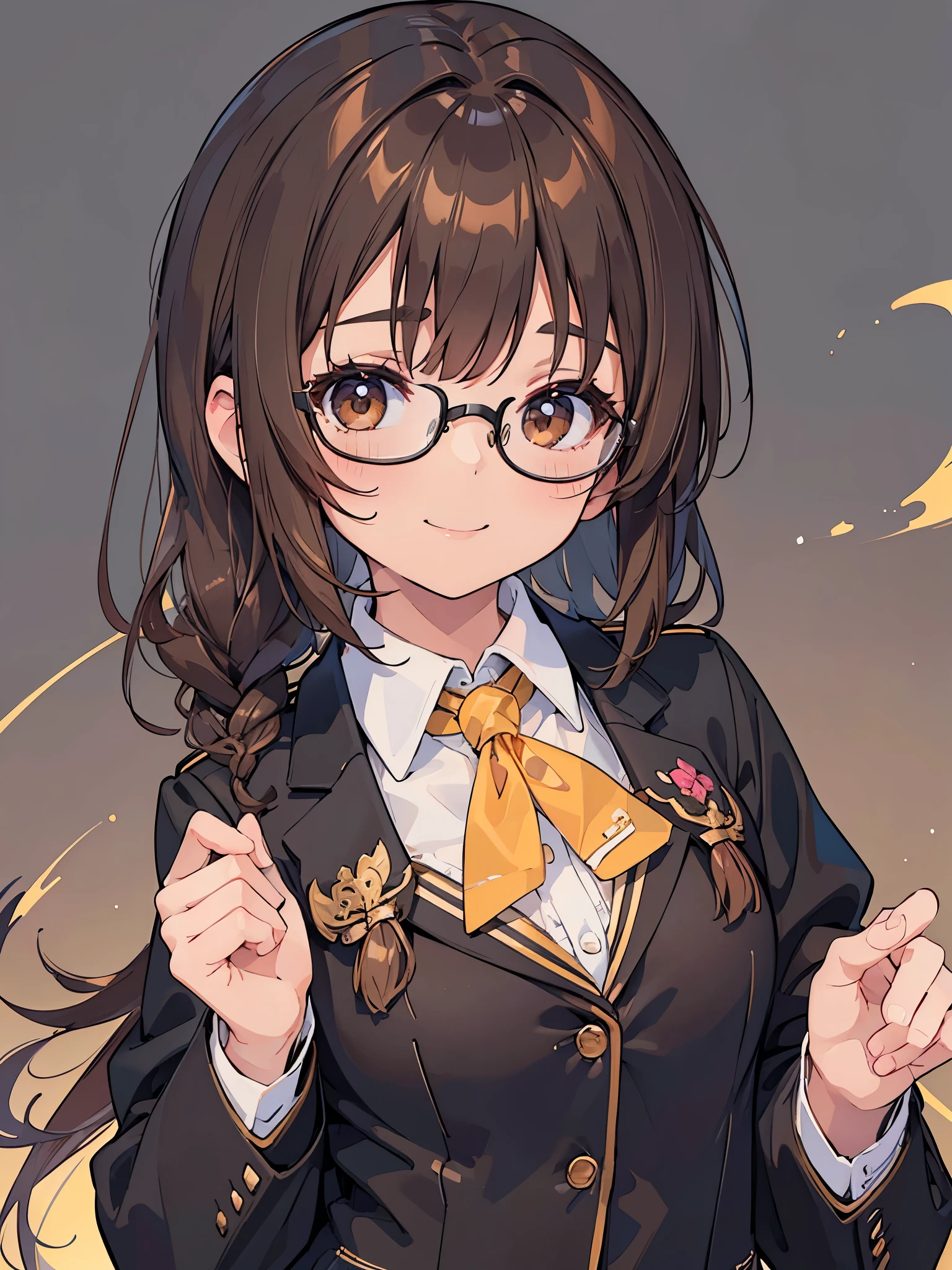 1 Female、Brown hair、Brown Eyes、Best Quality、Super detailed、8 Resolution、Raw photo、Mastepiece、Perfect Body、high resolution、highest quality、Detailed drawing、Vibrant colors、lure、smile、Braid、Black-rimmed glasses、Captivating breasts、Blazer uniform、chool