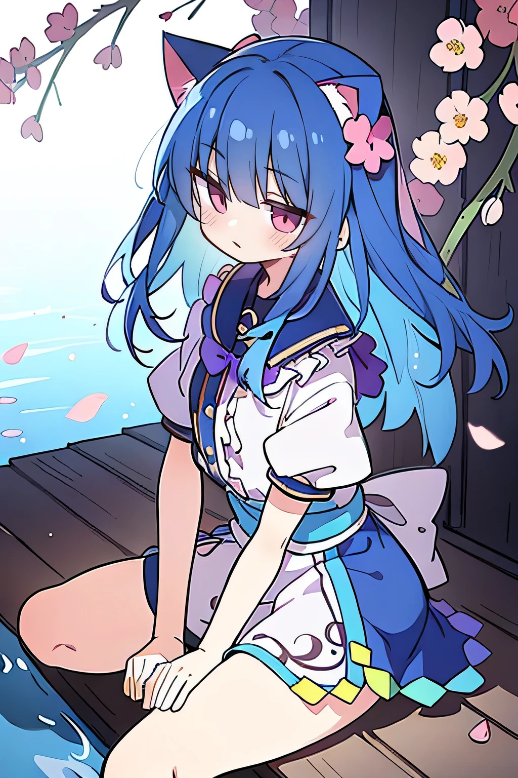 (masterpiece:1.2),ultra-detailed,realistic,expressive eyes,fair-skinned,perfectly shaped face,1girl,
Japanese cartoons,Gorgeous blue hair, flowing blue hair,floating clothes,cat ears,petals falling,beautiful Lola,Hina Angel,
hands on waist,gracefully sitting on the ground,legs crossed,gentle and serene background,cool and comfortable pavilion.