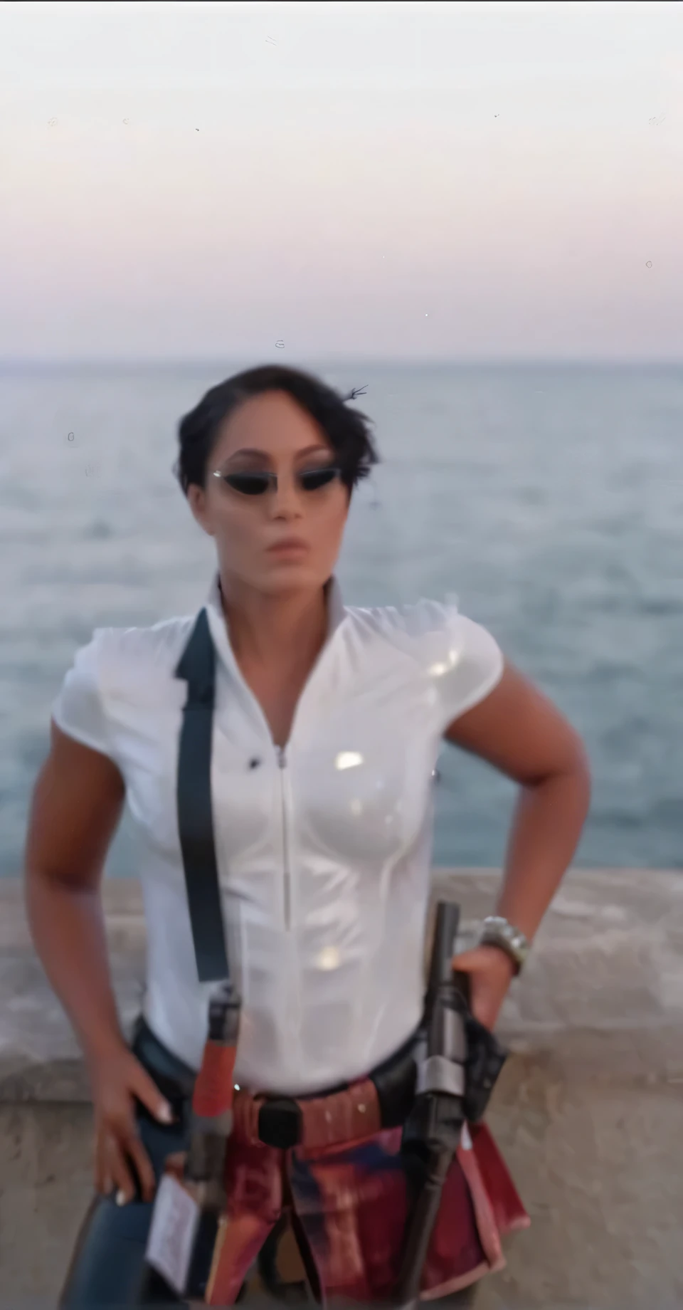 cinematic film still of  Trinity a woman in a black latex outfit and sunglasses holding two guns with smoke explosion in background The Matrix Style, shallow depth of field, vignette, highly detailed, high budget, bokeh, cinemascope, moody, epic, gorgeous, film grain, grainy