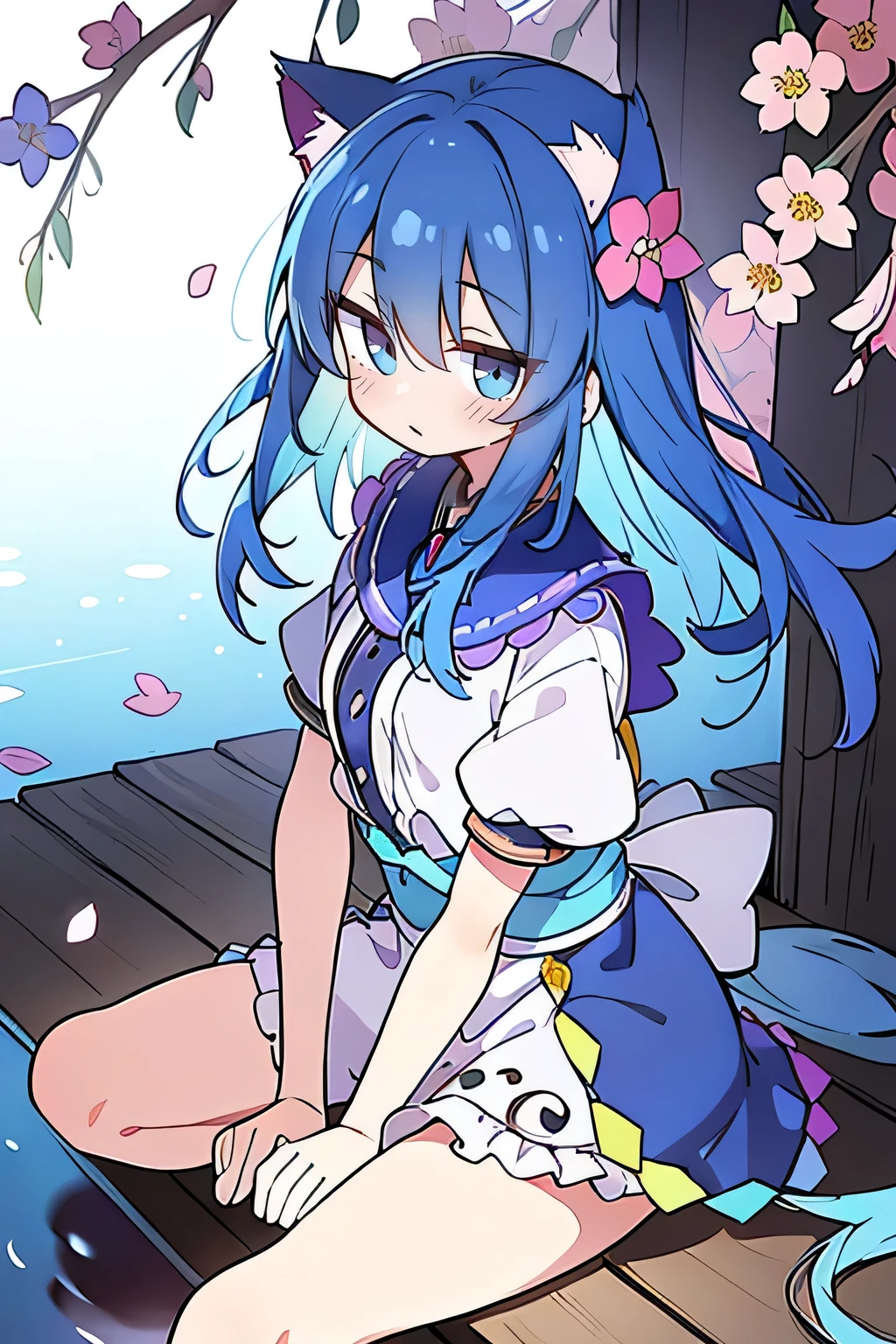 (masterpiece:1.2),ultra-detailed,realistic,expressive eyes,fair-skinned,perfectly shaped face,1girl,
Japanese cartoons,Gorgeous blue hair, flowing blue hair,floating clothes,cat ears,petals falling,beautiful Lola,Hina Angel,
hands on waist,gracefully sitting on the ground,legs crossed,gentle and serene background,cool and comfortable pavilion.
