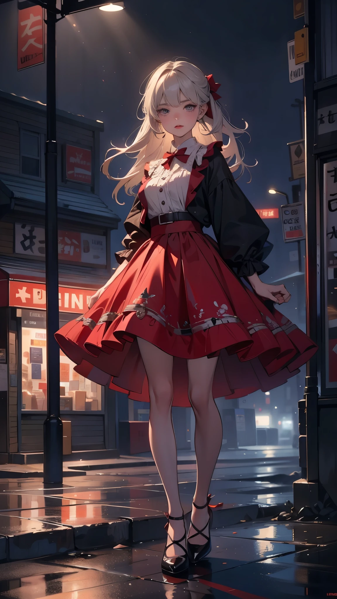 8k，((looking at the camera in:1.2)),(nearing perfection:1.4),dynamic,smooth private parts,Focus sharp,Lighting,Vibrant brushstrokes, bold colour,Be expressive, Emotional, offcial art,Unity8k wallpaper,ultra - detailed,Beautiful and beautiful,tmasterpiece,Best quality at best,1 girl,beautiful eyes，The content is very detailed,dynamic,(Ruffled skirt)，(medium:1.3),Chaos in its most beautiful form,Elegant,designs,Vibrant colors,(Corner store，fleeing，the night，shoe)，