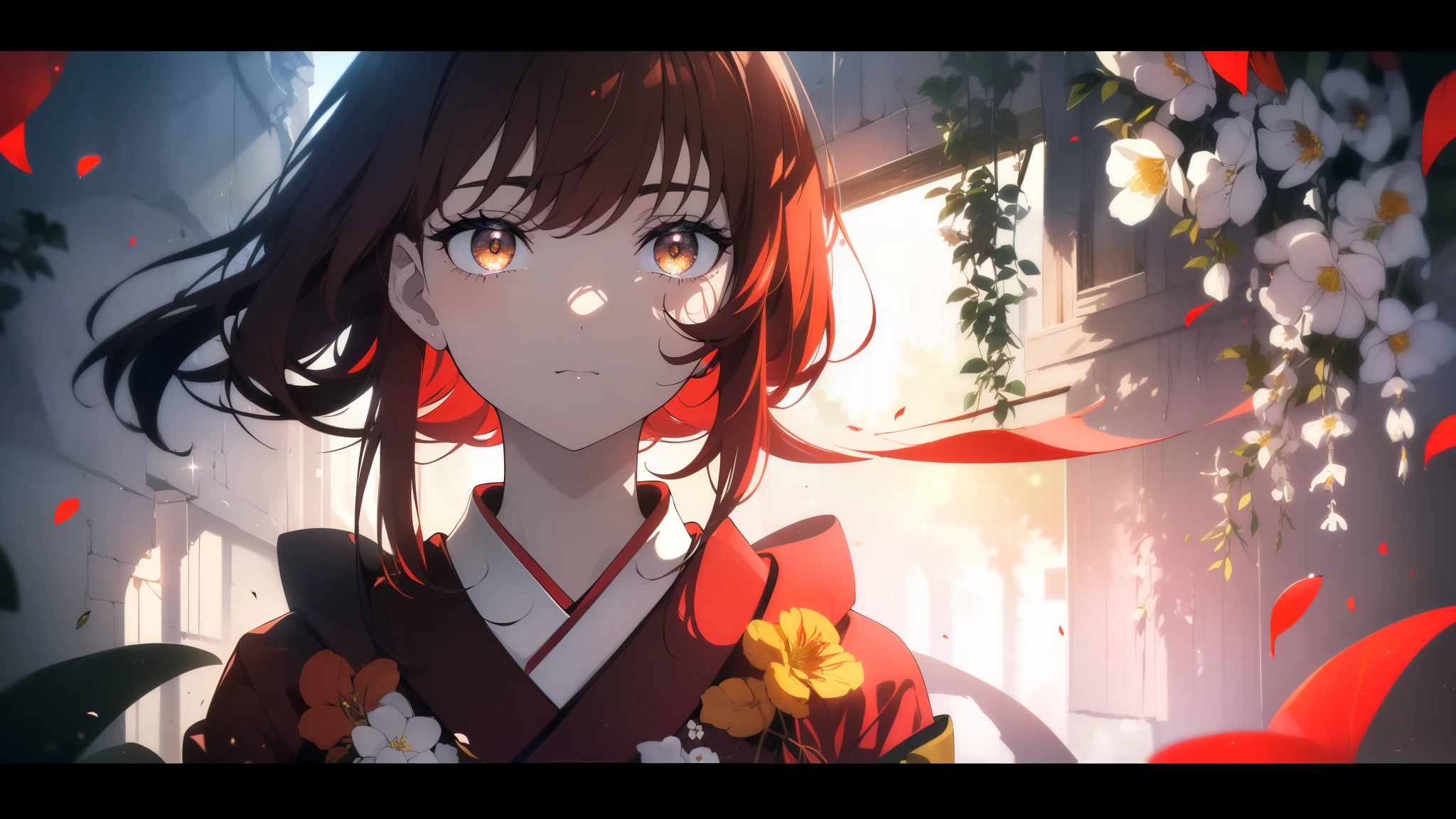 ((((Obra maestra, La mejor calidad, ultrahigh resolution)))), 1girl, standing, ((wearing a red_kimono)), long hair cut, pale skin, ((brown eyes)), (glowing_eyes, luminescent eyes), (ultra detailed eyes:0.7, beautiful and detailed face, detailed eyes:0.9), ((centered)), smile, ((wide shot)), facing viewer, (((vibrant background of outside, flowers, bright lighting, summer, sunlight))), flat chested, looking at viewer, ((perfect hands)), ((head:1, hips, elbows, arms, in view)), ((hands behind back)), beautiful lighting, defined subject, (), ((cool looking)), ((slight breeze in hair, vintage sun glare))
