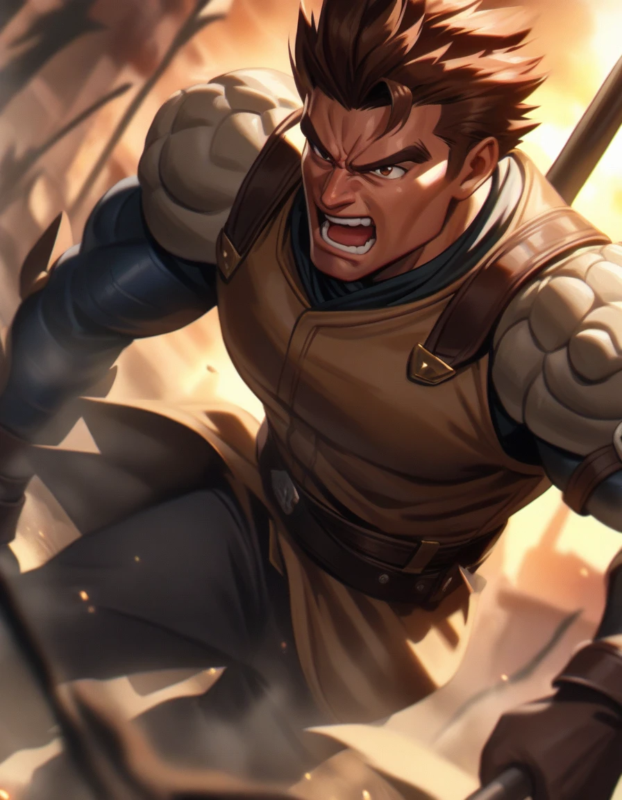 1guy, middle musclar, handsome mercenary, handing Polearm, leather, dramatic expression, spiked hair, short bangs, upper legs, masculine, fantasy battle, dutch angle, wideshot, [[[cinematic lighting, cinematic shadow]]], brown eyes, 1990s, VHS Quality