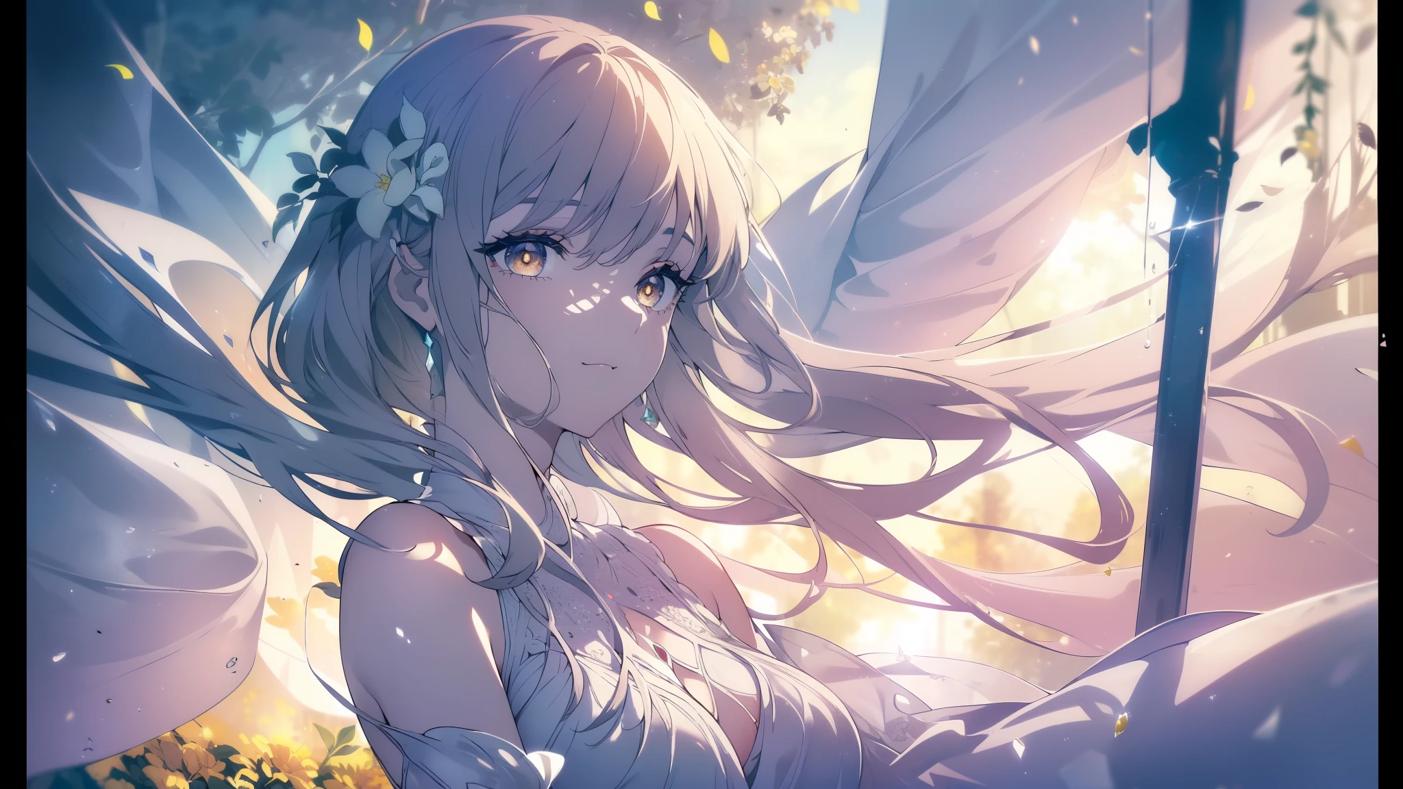 ((((Obra maestra, La mejor calidad, ultrahigh resolution)))), 1girl, standing, ((wearing white summer dress)), long hair cut, pale skin, ((brown eyes)), (glowing_eyes, luminescent eyes), (ultra detailed eyes:0.7, beautiful and detailed face, detailed eyes:0.9), ((centered)), smile, ((wide shot)), facing viewer, (((vibrant background of outside, flowers, bright lighting, summer, sunlight))), flat chested, looking at viewer, ((perfect hands)), ((head:1, hips, elbows, arms, in view)), ((hands behind back)), beautiful lighting, defined subject, (), ((cool looking)), ((slight breeze in hair, vintage sun glare))