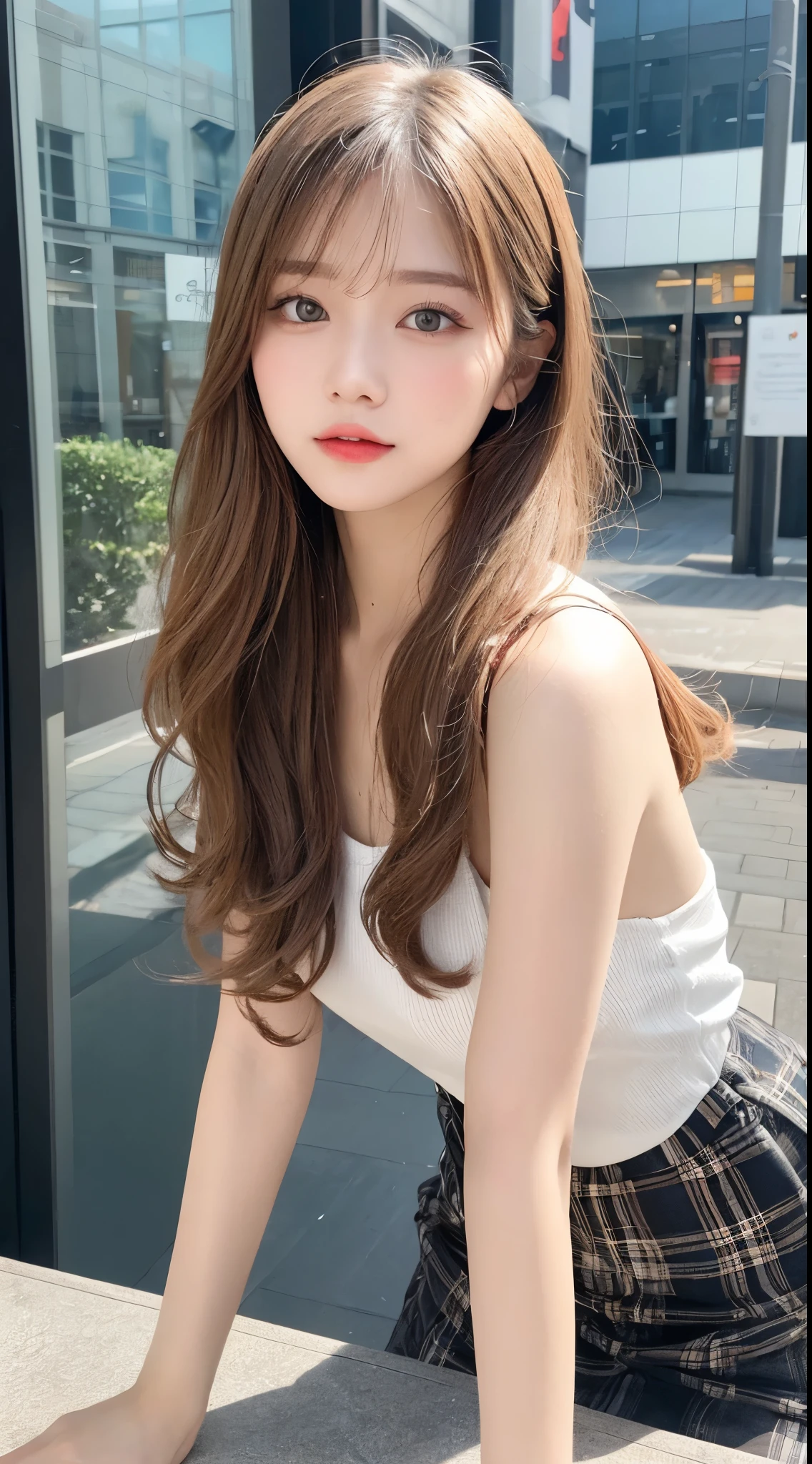in detail, highest resolution, high quality、Complete dynamic configuration, beautiful and delicate eyes, medium hair, 、natural color lip,Kamimay、Shibuya、20 year old girl、1 person、transparent skin、shiny hair、table top, best quality, illustration, very detailed, in detail, highest resolution, 8K、correct state of the human body、Crouch down、sculpture model pose,Hair blowing in the wind