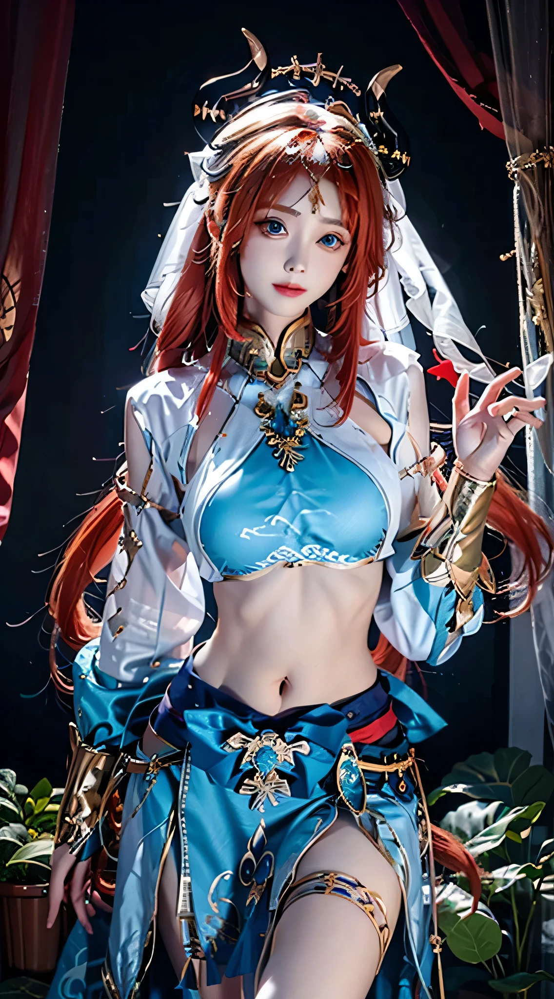 photorealistic, high resolution, soft lights, 1women, solo, hips up, look at viewer, (detailed face), blue eyes, (navel), (red long hair, twin tails, skirt, crop top, long sleeves)