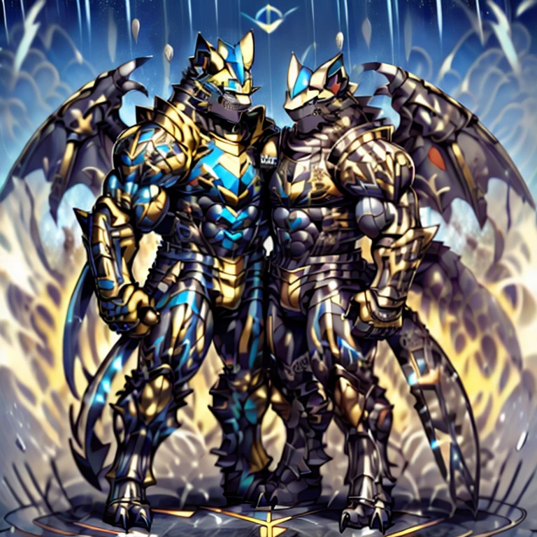 (masterpiece, best quality, detailed:1.2) (Pokémon) detailed full body, Zeraora's giant robot. Gigantic ZERAORA, GIANT. Protecting Zeraora's design and color scheme. scarf, A Zeraora at the bodybuilding competition, thunderstorm, rainy weather, lightning wears a black cloak on his back. Muscles are expanding. It has wings. whole body shines like metal. Wearing cyberpunk mecha, emphasizes the muscles. He wears the same armor as himself from head to foot. (emphasizes the muscles.) suit fully made of metal, intricate armor, Robotic suit, suit fully made of metal, cyborg, big muscle. pecs, triceps, body full of huge muscles. unusually developed muscular body, A Zeraora at the bodybuilding competition, massive, huge muscular bodybuilder with extraordinary biceps, pecs, triceps, traps, gigachad, 300 lbs. The claws are sharp, Sharp teeth, with huge golden laser sword, It's big inside my panties