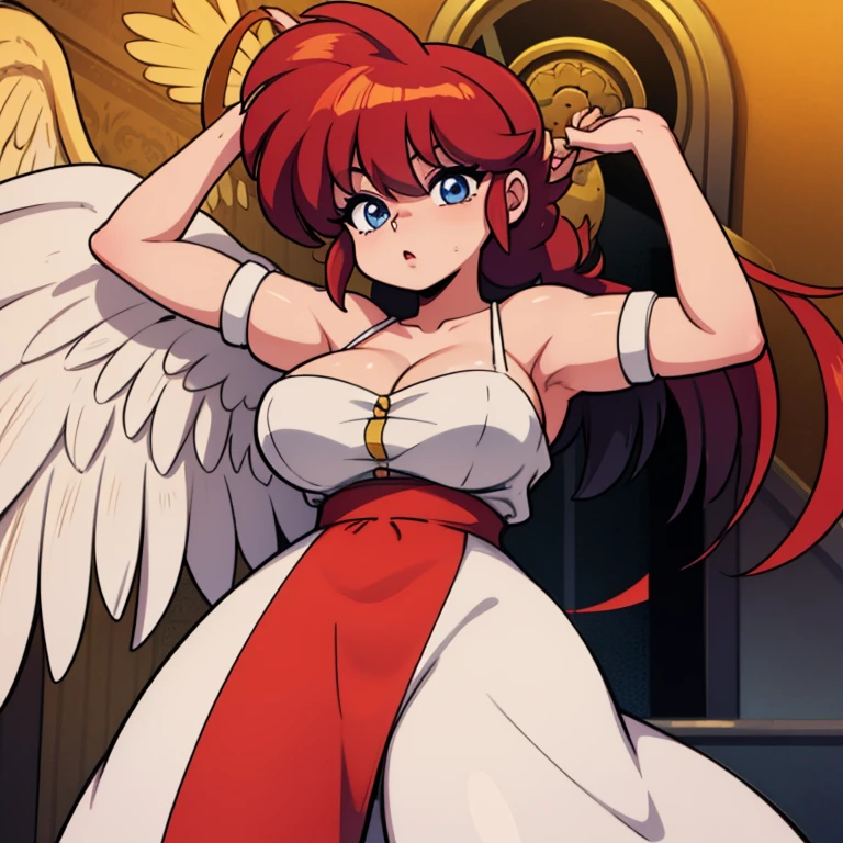 RanmaChan, Sexy, (Doggystyle:1.2), Tabletop, (Penetration:1.2), (Red hair, (Long pigtails, braids), Black hair tie, Medium thick bangs), Blue eyes, Curvy body, High body, (Angel wings, Huge), (Medium boobs:1.3), Beautiful cleavage, (White elbow gloves), ((Luxurious dress, Pure white)), Waist:1.2, Medium ass:1.2, (Flapping in the sky, Flying in the sky, Sexy pose, Large), (4 fingers, 1 thumb), (Shooting, Front, From below), (Sky background, Clouds, Sun, Birds, In the sky), (Retro art style, Beautiful brushstrokes, Super detailed painting, 32K Ultra HD, Masterpiece)
