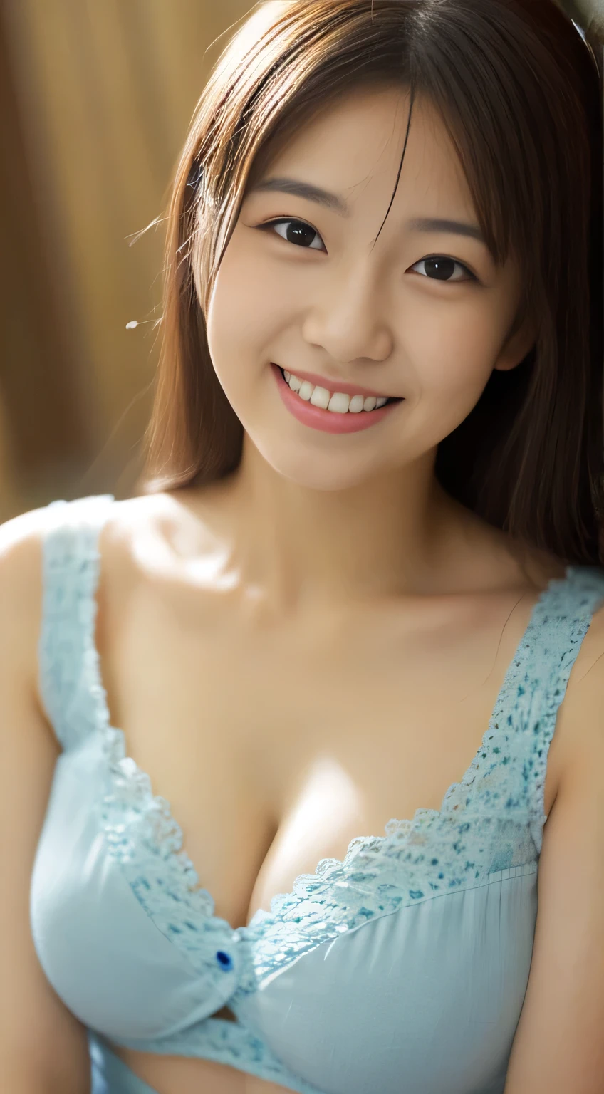 masterpiece,best quality,(Japanese ),((Beautiful girl)),cleavage,indoor,(perfect body beauty:1.2),(shy smile),beautiful teeth,