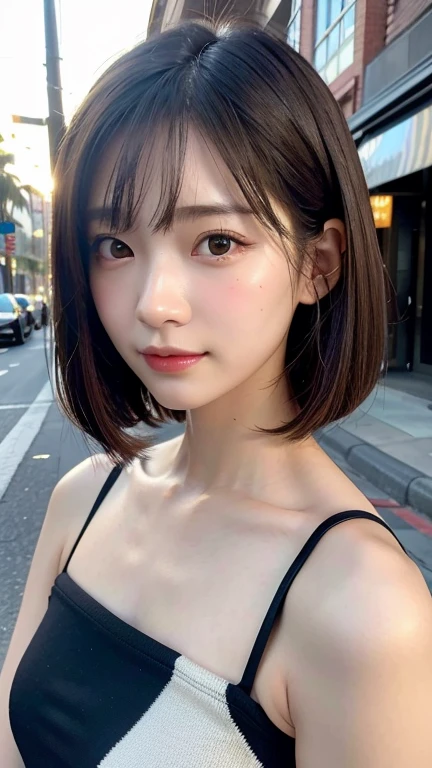 (((Shoulder length brown straight short bob)))、(((Her background is in downtown Hawaii..、Pose like a model at the hair salon.)))、(((Casual black winter street fashion)))、Face close-up、Half Japanese and half Korean、18-year-old girl、independent、look forward to、Light eye makeup、Brown Hair Color、flat 、Hair blowing in the wind、Quality of actress、Shiny, Ultra-realistic faces、smileの表情、Watery eye、look up、Pleasant lighting effects、 Ultra-Realistic Capture、Very detailed、High resolution 16k human skin closeup。Skin texture must be natural、Must be so detailed that pores are visible、skin is healthy、There must be a unified tone、Use natural light and color、High quality photos taken by modeling agencies'Exclusive photographer、smile