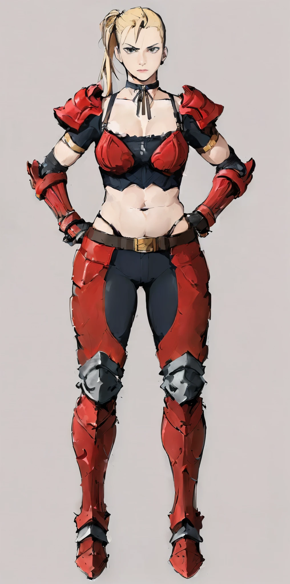 ((Plain background 1:2)) (Cammy White Street Fighter 6) Female full body standing straight symmetrical looking to the viewer RED full body armored (handcuffs, shackles, rerebrace, faulds, poleyn, gauntlets, leather collar choker) big belt under belly button, navel, belt over belly button ((hands on hips))