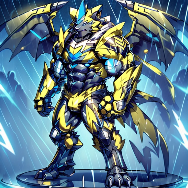 (masterpiece, best quality, detailed:1.2) (Pokémon) detailed full body, Zeraora's giant robot. Gigantic ZERAORA, GIANT. Protecting Zeraora's design and color scheme. scarf, A Zeraora at the bodybuilding competition, thunderstorm, rainy weather, lightning wears a black cloak on his back. Muscles are expanding. It has wings. whole body shines like metal. Wearing cyberpunk mecha, emphasizes the muscles. He wears the same armor as himself from head to foot. (emphasizes the muscles.) suit fully made of metal, intricate armor, Robotic suit, suit fully made of metal, cyborg, big muscle. pecs, triceps, body full of huge muscles. unusually developed muscular body, A Zeraora at the bodybuilding competition, massive, huge muscular bodybuilder with extraordinary biceps, pecs, triceps, traps, gigachad, 300 lbs. The claws are sharp, Sharp teeth, with huge golden laser sword, It's big inside my panties
