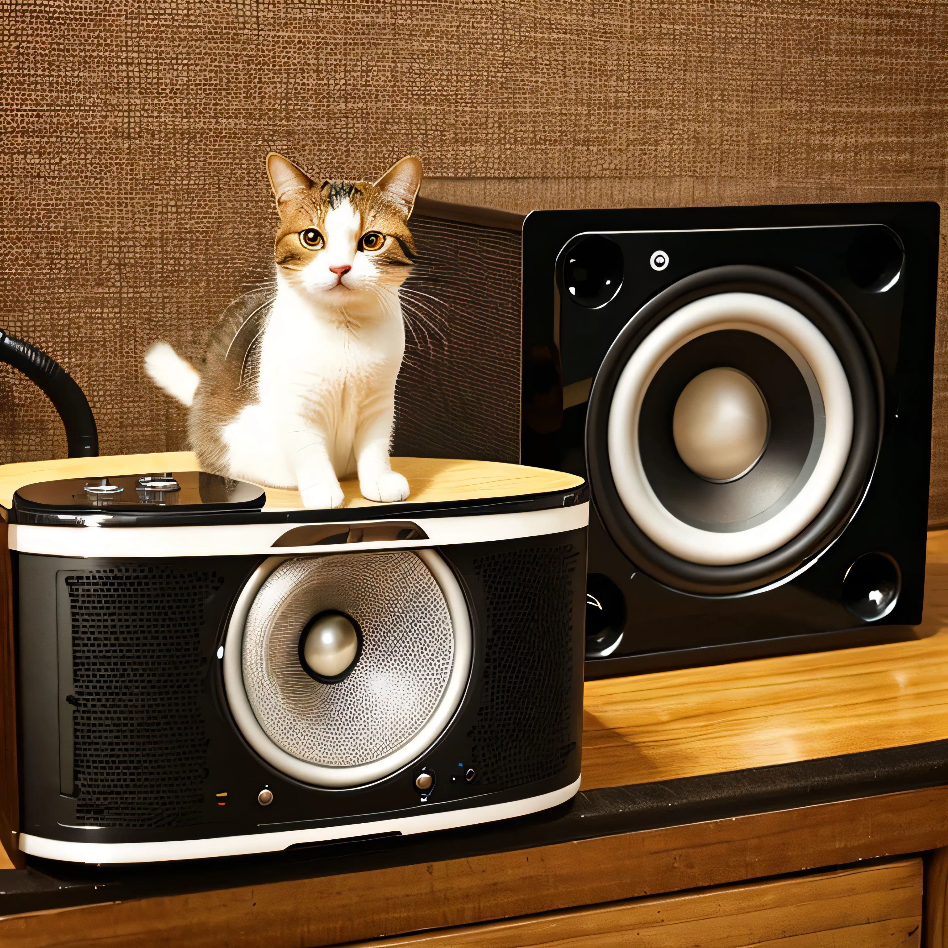 Relaxed cat resting on a speaker、Sepia