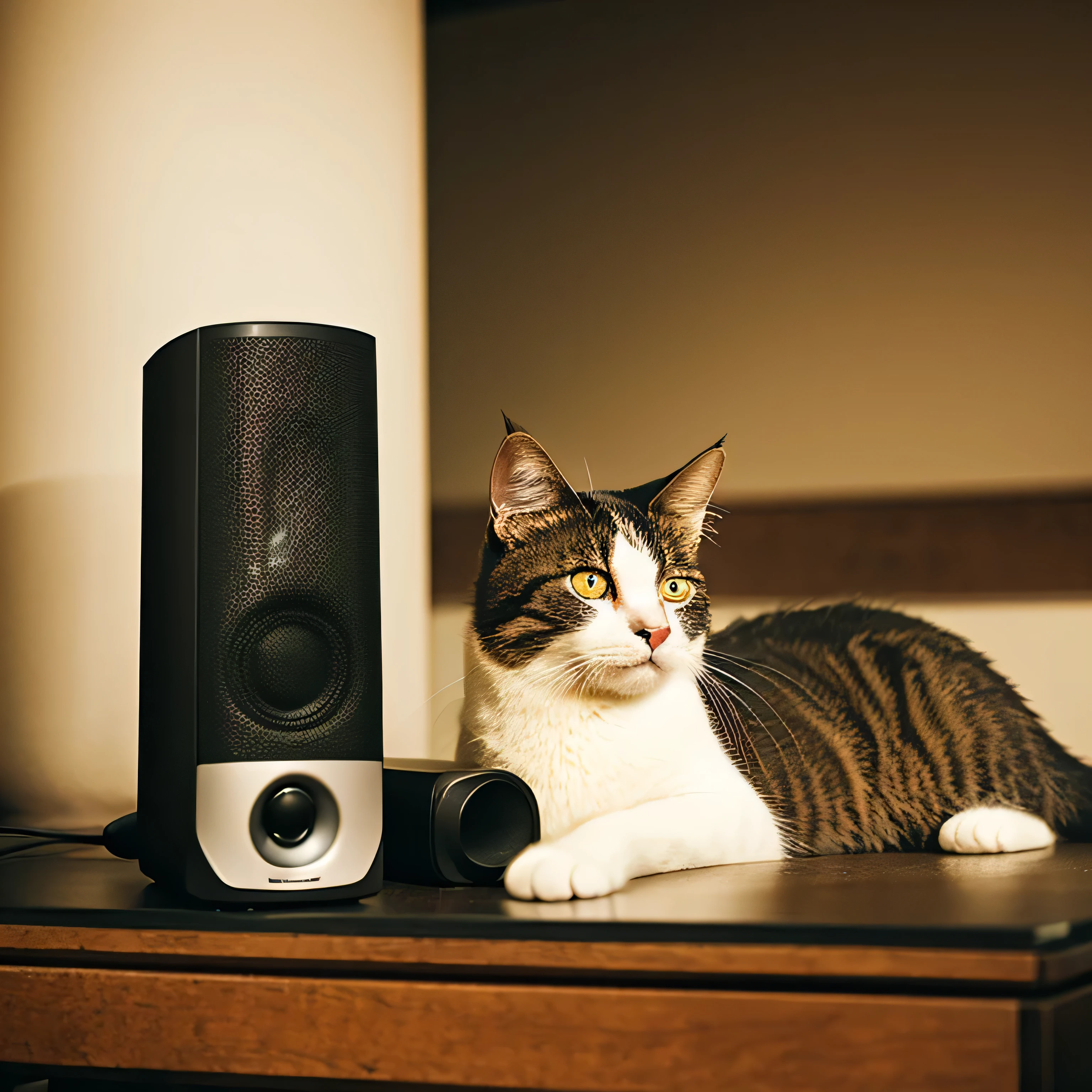 Relaxed cat resting on a speaker、Sepia