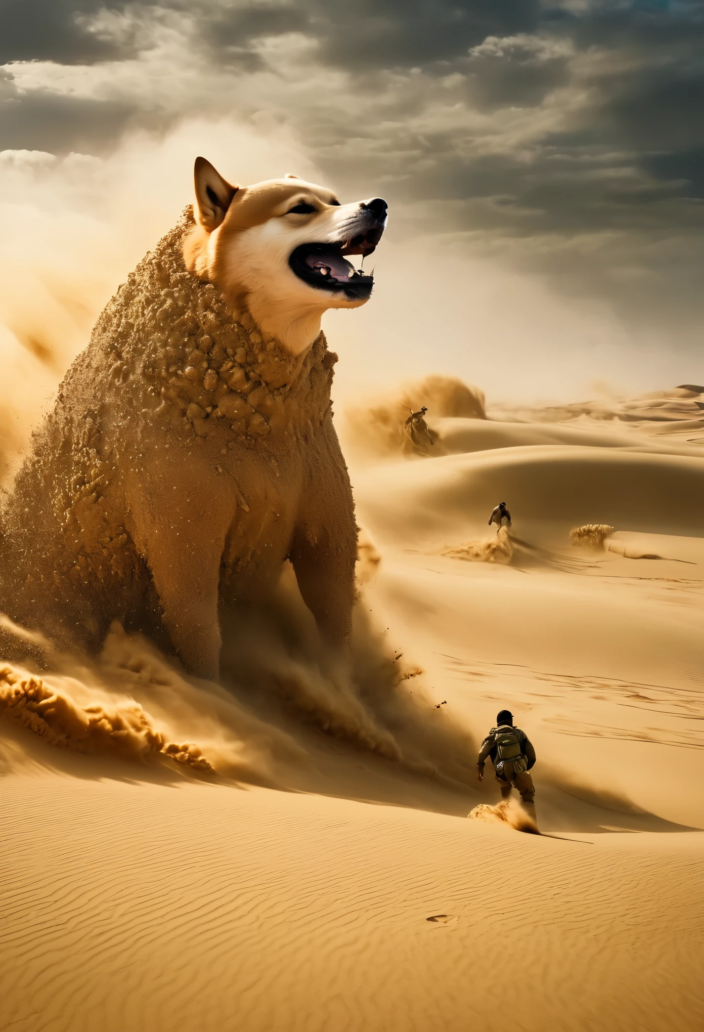 Very dark focused flash photo, excellent quality, masterpiece, best quality, Super detailed, Super detailed, Ultra HD, Perfect anatomical structure, portrait, Every time, Surrealism, majestic, Astonishing, Inspiring,In the dust and desert,Capture a thrilling showdown between a Shiba Inu and a giant sand monster,Epic battles begin. When these powerful forces occur in the center of the dune,Embrace action and chaos. Film composition, Soft shadows, National Geographic Style