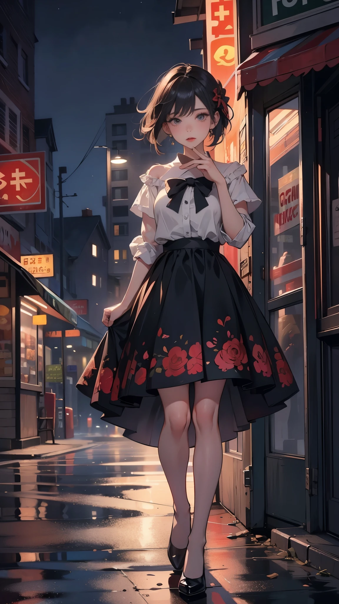 8k，((looking at the camera in:1.2)),(nearing perfection:1.4),dynamic,smooth private parts,Focus sharp,Lighting,Vibrant brushstrokes, bold colour,Be expressive, Emotional, offcial art,Unity8k wallpaper,ultra - detailed,Beautiful and beautiful,tmasterpiece,Best quality at best,1 girl,beautiful eyes，The content is very detailed,dynamic,(Ruffled skirt)，(medium:1.3),Chaos in its most beautiful form,Elegant,designs,Vibrant colors,(Corner store，fleeing，the night，shoe)，