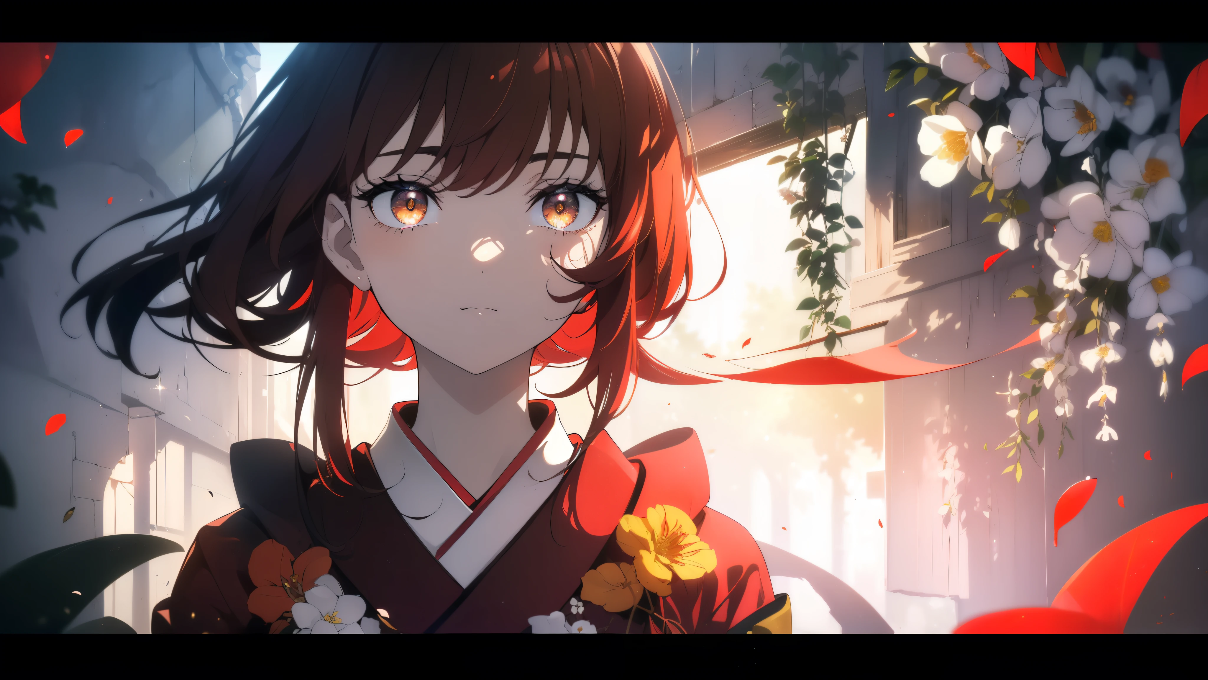 ((((Obra maestra, La mejor calidad, ultrahigh resolution)))), 1girl, standing, ((wearing a red_kimono)), long hair cut, pale skin, ((brown eyes)), (glowing_eyes, luminescent eyes), (ultra detailed eyes:0.7, beautiful and detailed face, detailed eyes:0.9), ((centered)), smile, ((wide shot)), facing viewer, (((vibrant background of outside, flowers, bright lighting, summer, sunlight))), flat chested, looking at viewer, ((perfect hands)), ((head:1, hips, elbows, arms, in view)), ((hands behind back)), beautiful lighting, defined subject, (), ((cool looking)), ((slight breeze in hair, vintage sun glare))