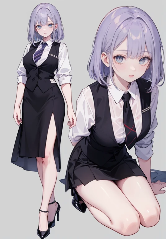 ((Perfect Face)),Purple Hair,High Layer Cut,Adult female,bartender,suit,Black vest,((Shirt with rolled up sleeves)),tie,skirt,slit,High heels,,((Simple Background)),smile,((Full Body)),((full body)),Portraits,virtual,upright,,Both arms are down,upright,