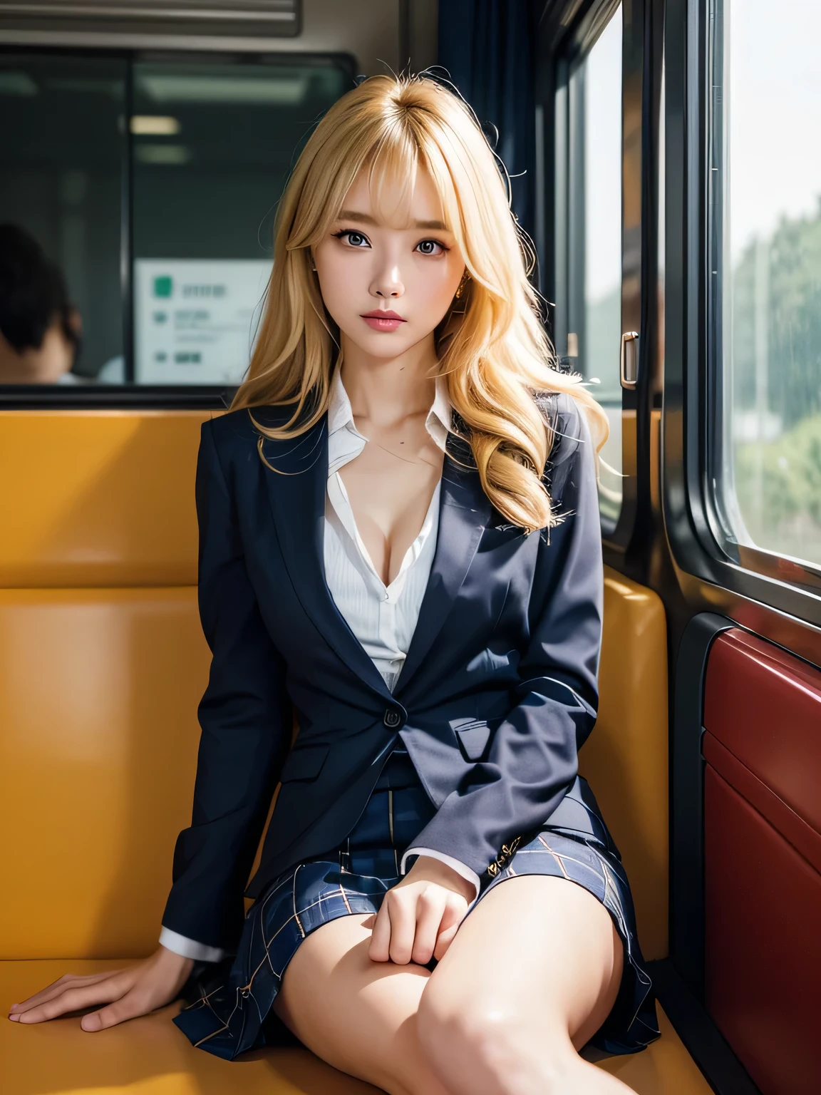 8K, Photographic images, masterpiece, 最high quality, Super-resolution, Beauty with golden curly hair, ((Blonde beauty)), With bangs, Impossibly cute face, And slim, Small breasts, high quality, T Masterpiece, Exquisite Function, Delicate eyes, delicate golden hair, 8K quality, Pale light and shadow, Dindal effect, disheveled golden hair, With bangs, ((Woman sitting at the front of the train))、japanese people women、(office lady、OL、business suit)、(The skirt is turned up)、Semi-long hair、Beautiful girl1people、(((Voyeurism)))、((skirt))、((business suit))、Fair skin、cute、Embarrassing、Super beautiful people, ((A photo from the delicate feet)),(Detailed RAW photos of girls), (Tabletop:1.25), (最high quality:1.6), (超A high resolution:1.5), (Realistic:1.75), 8k resolution, Canon EOS R5, 50mm, Absurd, Ultra-detailed,Cinema Lighting,(I look down and cry)、(((Blushed)))、It was scary、Sweaty、White erotic panties are visible from the V-zone、