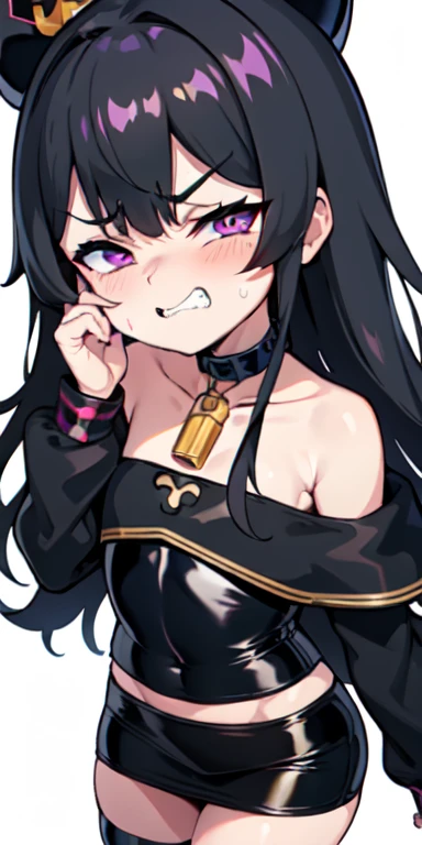 1 girl,heart-shaped pupils, put your hand on your face, (black hair), (purple eyes), long hair, (((long hime hair))) (blush:1.1), Upper body, trembling, Sweat, Sweatdrop, heart, (speed line:1.1), ((Flat milk)), ((heavy breathing:1.3)), like, heart, annoyed, angry look, Yandere, ((LOLI)), evil, open your mouth, ((jagged teeth)), small breasts, Black military cap, ((black jacket)), off shoulder, ((shiny latex black tube top)), ((strapless)), shiny, ((mini pencil skirt)), cowboy shot, ((hime hair)), hime cut, hime haircut, hime style, black off shoulder jacket, no extra hair