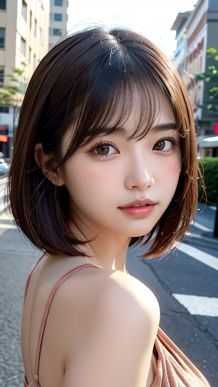 (((Shoulder length brown straight short bob)))、(((Her background is in downtown Hawaii..、Pose like a model at the hair salon.)))、(((Casual black winter street fashion)))、Face close-up、Half Japanese and half Korean、18-year-old girl、independent、look forward to、Light eye makeup、Brown Hair Color、flat 、Hair blowing in the wind、Quality of actress、Shiny, Ultra-realistic faces、smileの表情、Watery eye、look up、Pleasant lighting effects、 Ultra-Realistic Capture、Very detailed、High resolution 16k human skin closeup。Skin texture must be natural、Must be so detailed that pores are visible、skin is healthy、There must be a unified tone、Use natural light and color、High quality photos taken by modeling agencies&#39;Exclusive photographer、smile
