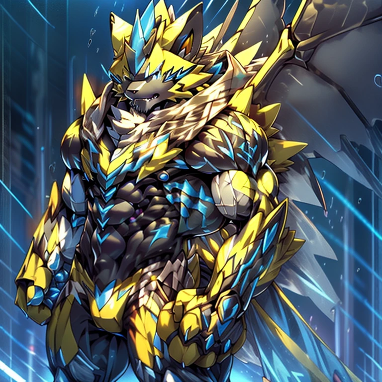 (masterpiece, best quality, detailed:1.2) (Pokémon) detailed full body, Zeraora's giant robot. Gigantic ZERAORA, GIANT. Protecting Zeraora's design and color scheme. scarf, A Zeraora at the bodybuilding competition, thunderstorm, rainy weather, lightning wears a black cloak on his back. Muscles are expanding. It has wings. whole body shines like metal. Wearing cyberpunk mecha, emphasizes the muscles. He wears the same armor as himself from head to foot. (emphasizes the muscles.) suit fully made of metal, intricate armor, Robotic suit, suit fully made of metal, cyborg, big muscle. pecs, triceps, body full of huge muscles. unusually developed muscular body, A Zeraora at the bodybuilding competition, massive, huge muscular bodybuilder with extraordinary biceps, pecs, triceps, traps, gigachad, 300 lbs. The claws are sharp, Sharp teeth, with huge golden laser sword, It's big inside my panties