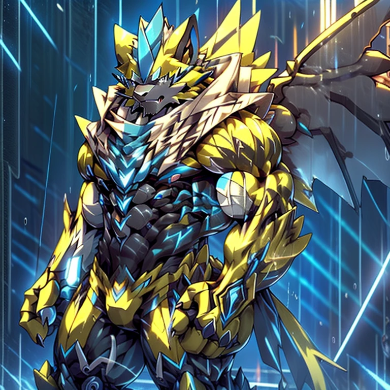 (masterpiece, best quality, detailed:1.2) (Pokémon) detailed full body, Zeraora's giant robot. Gigantic ZERAORA, GIANT. Protecting Zeraora's design and color scheme. scarf, A Zeraora at the bodybuilding competition, thunderstorm, rainy weather, lightning wears a black cloak on his back. Muscles are expanding. It has wings. whole body shines like metal. Wearing cyberpunk mecha, emphasizes the muscles. He wears the same armor as himself from head to foot. (emphasizes the muscles.) suit fully made of metal, intricate armor, Robotic suit, suit fully made of metal, cyborg, big muscle. pecs, triceps, body full of huge muscles. unusually developed muscular body, A Zeraora at the bodybuilding competition, massive, huge muscular bodybuilder with extraordinary biceps, pecs, triceps, traps, gigachad, 300 lbs. The claws are sharp, Sharp teeth, with huge golden laser sword, It's big inside my