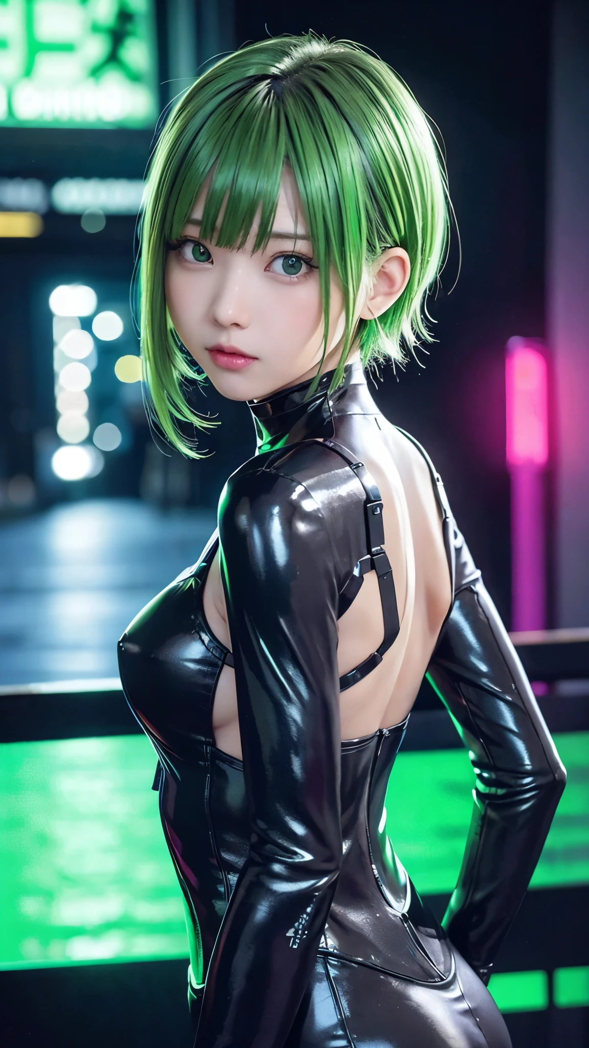 Neon Noir Beautiful Female Semi Robot,Looking at Viewer, . Cyberpunk, Dark, Back alley, neon signs, High contrast, low illuminance, Vibrant, Highly detailed, Green Ash Hair Color, Luminous Eyes、 with an elementary school face、Slimed、flat body、Accelerated blurred background