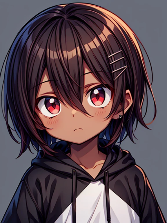 Masterpiece High res, high definition, (((dark skin tone))),dark skin male, dark skin, cute shota,red eyes, black hairpin, brown hair, medium dark brown hair,wearing a black hoodie, close up
