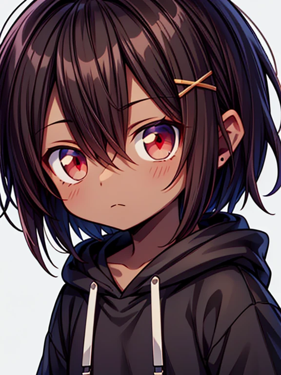 Masterpiece High res, high definition, (((dark skin tone))),dark skin male, dark skin, cute shota,red eyes, black hairpin, brown hair, medium dark brown hair,wearing a black hoodie, close up
