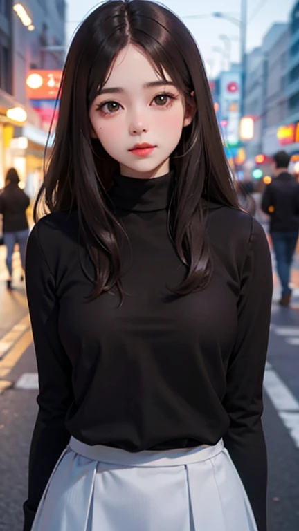 Blushing lightly and smiling, (Top quality masterpiece:1.2) Delicate illustrations, Very detailed, /Beautiful Japanese Woman、1 person,Very cute and slim、Excellent style 、((8K images、super high quality))、Very delicate face, beautiful forehead、Red lipstick,(((((Long Hair、Gradient Hair、Brown Hair))))),Very cute Japanese cut face、Eyes and nose are clearly visible、Kind eyes,(Tight high neck sweater、Tight Skirt)、City of night、Cold winter