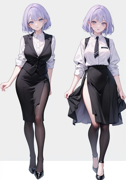 ((Perfect Face)),Purple Hair,High Layer Cut,Adult female,bartender,suit,Black vest,((Shirt with rolled up sleeves)),tie,skirt,slit,High heels,,((Simple Background)),smile,((Full Body)),((full body)),Portraits,virtual,upright,,Both arms are down,upright,