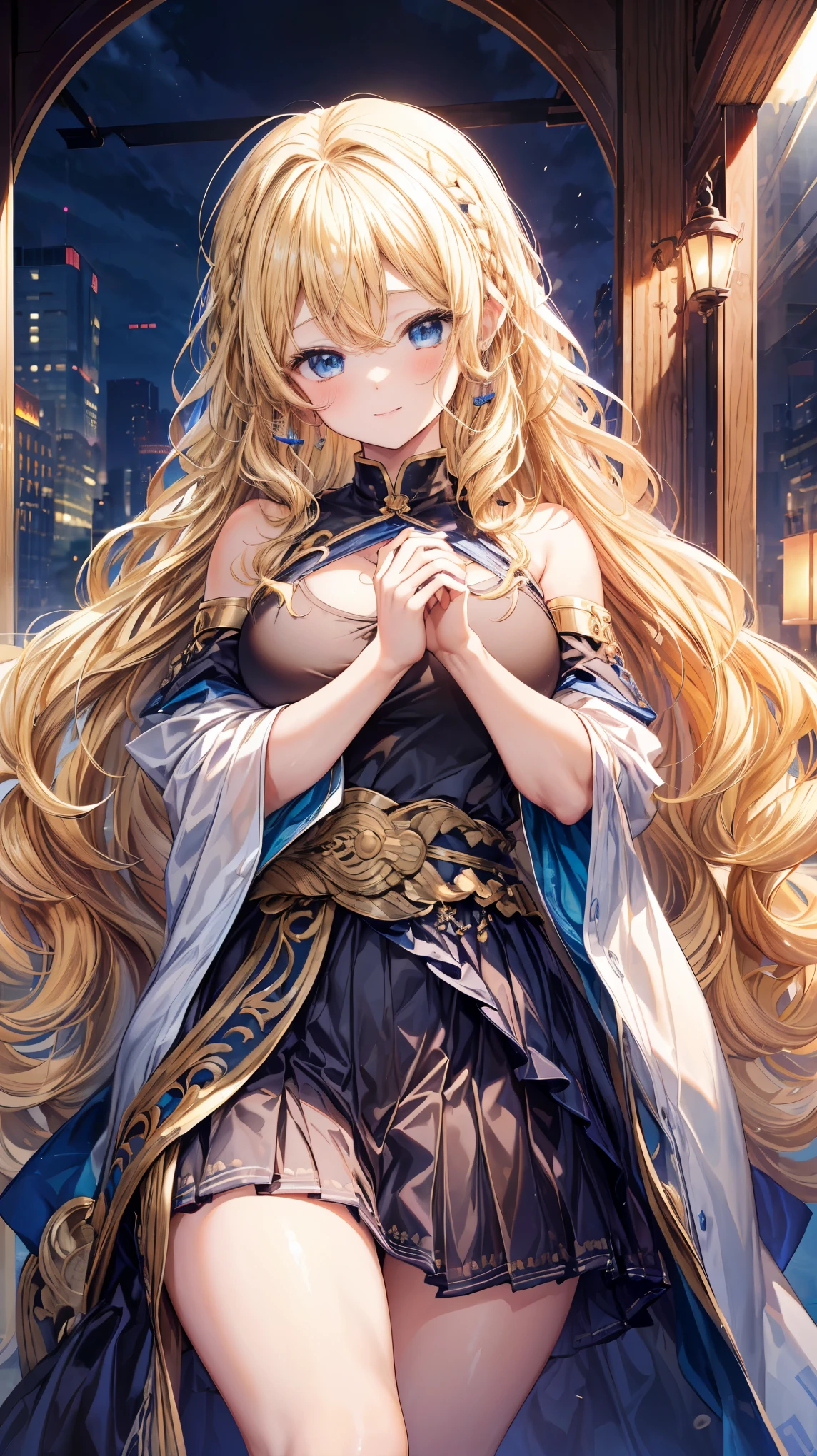 Very detailed、highest quality、Best image quality、masterpiece、8k、Anime Face、A kind smile、Open your mouth、Sparkling blue eyes、(Blonde wavy hair:1.5)、、Muscles of the whole body、Hands on hipini skirt