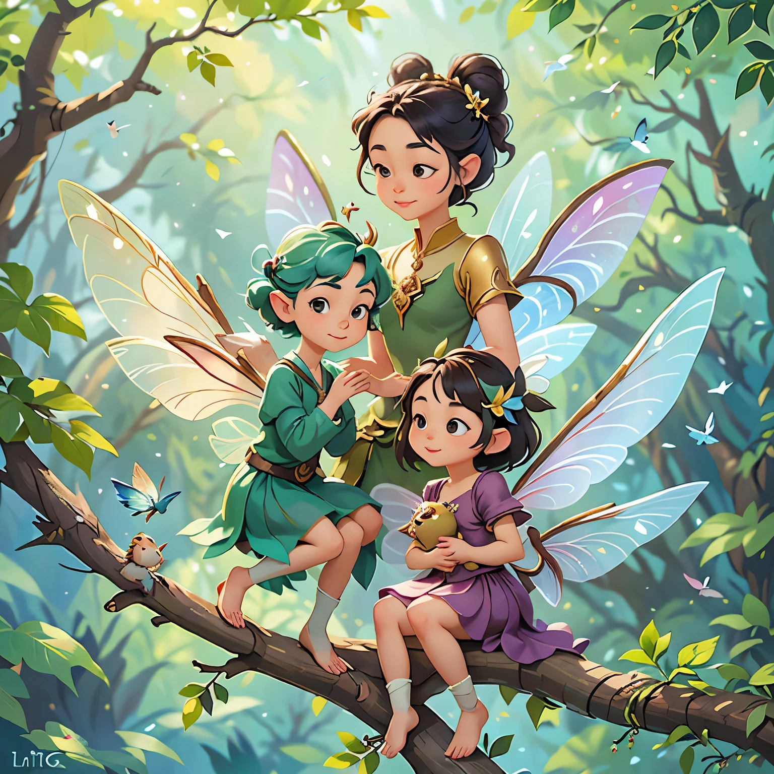 there are three little birds perched on a branch with a fairy sitting on it, an airbrush painting by Li Song, flickr, fantasy art, beautiful fairie, beautiful fairies, beautiful fairy, fairies, faeries, faerie, tiny faeries, small fairies, very beautiful fantasy art, fairies have wings, enchanted with nature spirit, flying fairies, on a branch