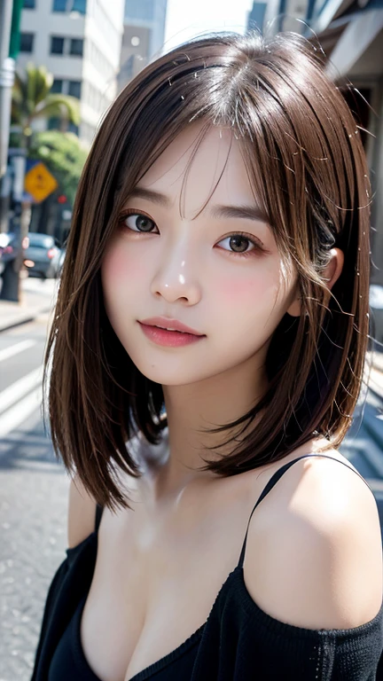 (((Shoulder length brown straight short bob)))、(((Her background is in downtown Hawaii..、Pose like a model at the hair salon.)))、(((Casual black winter street fashion)))、Face close-up、Half Japanese and half Korean、18-year-old girl、independent、look forward to、Light eye makeup、Brown Hair Color、flat 、Hair blowing in the wind、Quality of actress、Shiny, Ultra-realistic faces、smileの表情、Watery eye、look up、Pleasant lighting effects、 Ultra-Realistic Capture、Very detailed、High resolution 16k human skin closeup。Skin texture must be natural、Must be so detailed that pores are visible、skin is healthy、There must be a unified tone、Use natural light and color、High quality photos taken by modeling agencies'Exclusive photographer、smile