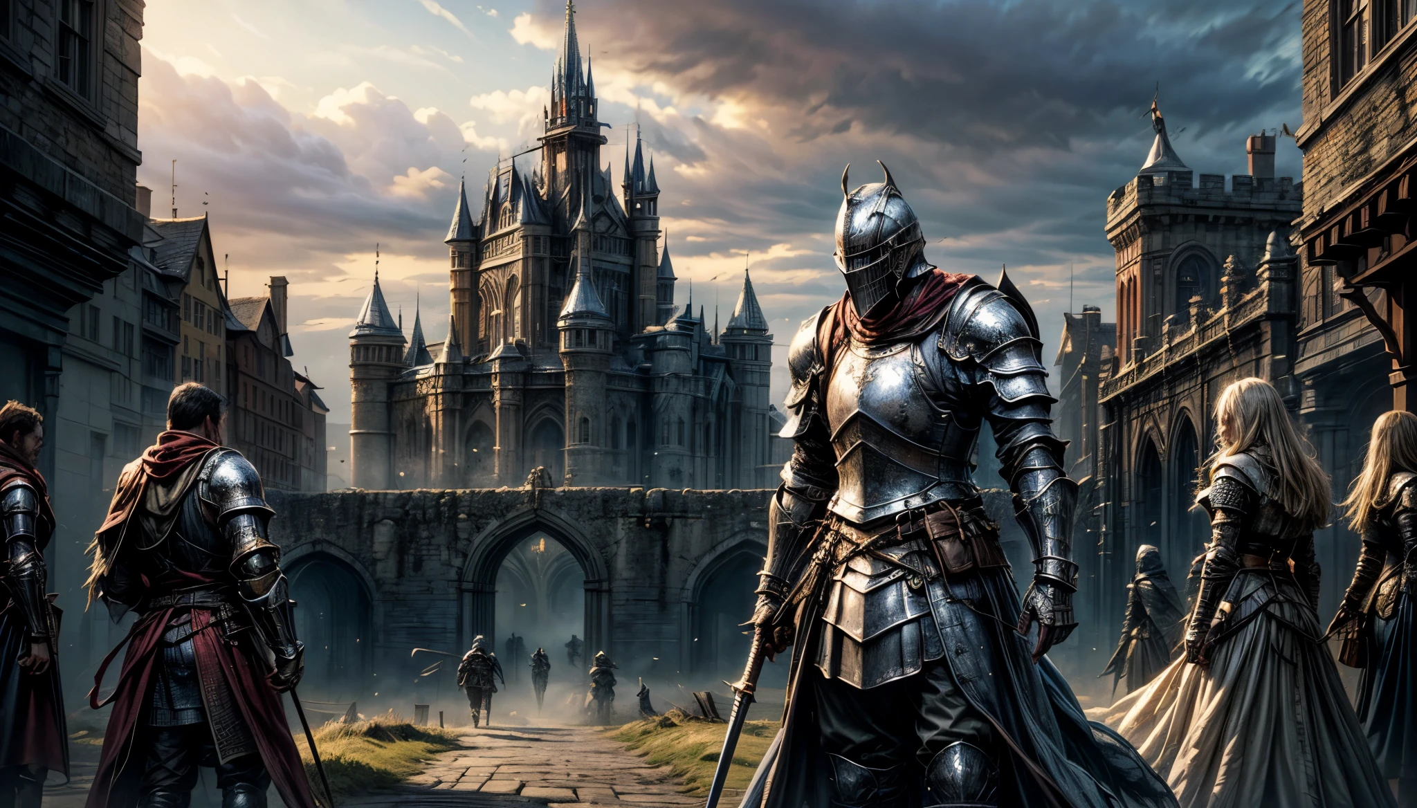 (masterpiece: 1.4, perfect quality: 1.1, beautiful artwork, award winner), A knight standing in the front of huge castle gates, wearing steel plate armour, dark souls style, extremely detailed, perfect texture, a little fog, grey colours, sad, grim fantasy