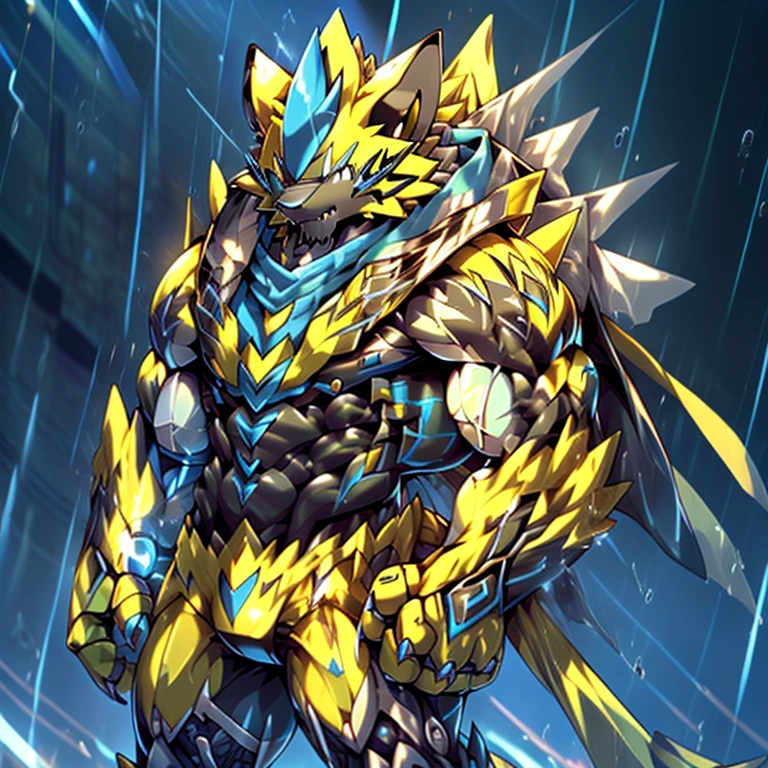 (masterpiece, best quality, detailed:1.2) (Pokémon) detailed full body, Zeraora's giant robot. Gigantic ZERAORA, GIANT. Protecting Zeraora's design and color scheme. scarf, A Zeraora at the bodybuilding competition, thunderstorm, rainy weather, lightning wears a black cloak on his back. Muscles are expanding. whole body shines like metal. Wearing cyberpunk mecha, emphasizes the muscles. He wears the same armor as himself from head to foot. (emphasizes the muscles.) suit fully made of metal, intricate armor, Robotic suit, suit fully made of metal, cyborg, big muscle. pecs, triceps, body full of huge muscles. unusually developed muscular body, A Zeraora at the bodybuilding competition, massive, huge muscular bodybuilder with extraordinary biceps, pecs, triceps, traps, gigachad, 300 lbs. The claws are sharp, Sharp teeth, with huge golden laser sword, It's big inside my panties