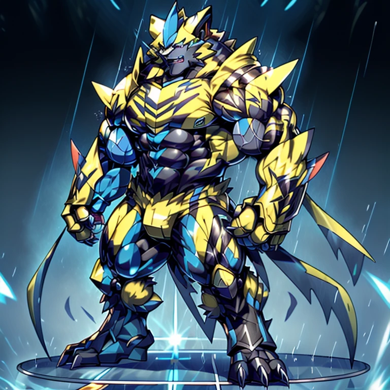 (masterpiece, best quality, detailed:1.2) (Pokémon) detailed full body, Zeraora's giant robot. Gigantic ZERAORA, GIANT. Protecting Zeraora's design and color scheme. scarf, A Zeraora at the bodybuilding competition, thunderstorm, rainy weather, lightning wears a black cloak on his back. Muscles are expanding. whole body shines like metal. Wearing cyberpunk mecha, emphasizes the muscles. He wears the same armor as himself from head to foot. (emphasizes the muscles.) suit fully made of metal, intricate armor, Robotic suit, suit fully made of metal, cyborg, big muscle. pecs, triceps, body full of huge muscles. unusually developed muscular body, A Zeraora at the bodybuilding competition, massive, huge muscular bodybuilder with extraordinary biceps, pecs, triceps, traps, gigachad, 300 lbs. The claws are sharp, Sharp teeth, with huge golden laser sword, It's big inside my panties