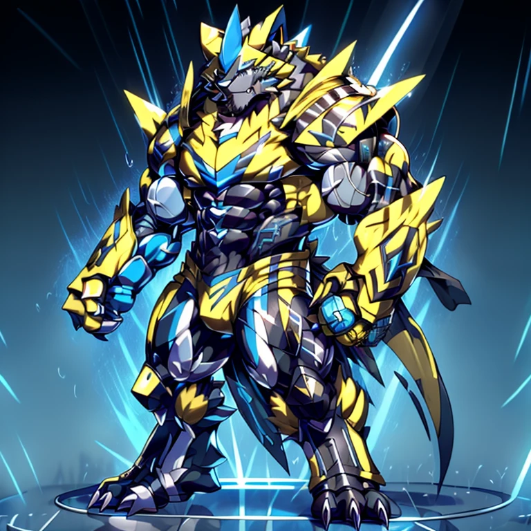 (masterpiece, best quality, detailed:1.2) (Pokémon) detailed full body, Zeraora's giant robot. Gigantic ZERAORA, GIANT. Protecting Zeraora's design and color scheme. scarf, A Zeraora at the bodybuilding competition, thunderstorm, rainy weather, lightning wears a black cloak on his back. Muscles are expanding. whole body shines like metal. Wearing cyberpunk mecha, emphasizes the muscles. He wears the same armor as himself from head to foot. (emphasizes the muscles.) suit fully made of metal, intricate armor, Robotic suit, suit fully made of metal, cyborg, big muscle. pecs, triceps, body full of huge muscles. unusually developed muscular body, A Zeraora at the bodybuilding competition, massive, huge muscular bodybuilder with extraordinary biceps, pecs, triceps, traps, gigachad, 300 lbs. The claws are sharp, Sharp teeth, with huge golden laser sword, It's big inside my panties