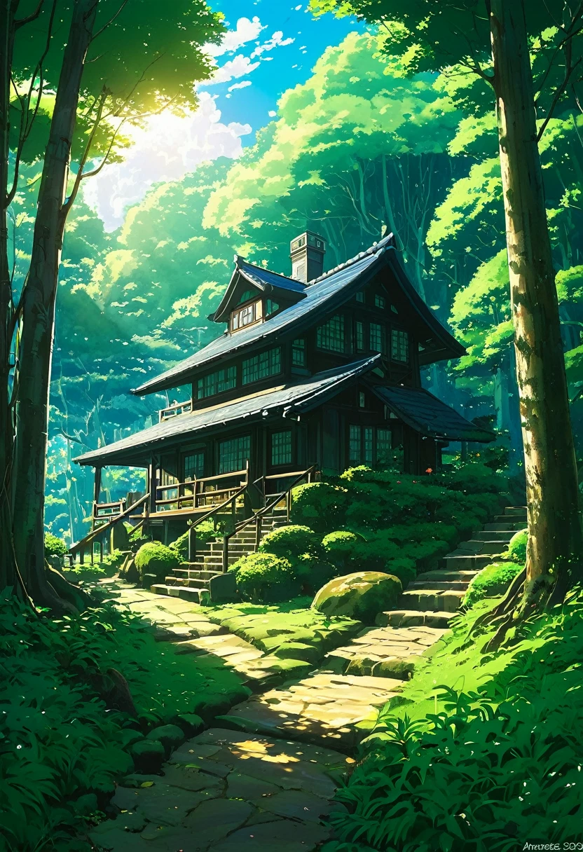 tones, and luminous cirrus clouds that streak across the heavens. The sun peeks through the trees, casting dappled light on the forest floor, illuminating the dormant world and bringing it to vibrant life.
Cartoon house with a tree and a pathway leading to it, anime background art, beautiful anime scenery, beautiful anime scene, background art, anime scenery, anime nature wallpap, studio ghibli sunlight, anime nature, quiet and serene atmosphere, beautiful house on a forest path, beautiful detailed scene, anime background, andreas rocha style, japanese house, peaceful environment
As the creature moves gracefully through the forest, its hooves leave gentle imprints on