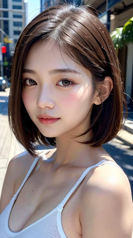 (((Shoulder length brown straight short bob)))、(((Her background is in downtown Hawaii..、Pose like a model at the hair salon.)))、(((Casual black winter street fashion)))、Face close-up、Half Japanese and half Korean、18-year-old girl、independent、look forward to、Light eye makeup、Brown Hair Color、flat 、Hair blowing in the wind、Quality of actress、Shiny, Ultra-realistic faces、smileの表情、Watery eye、look up、Pleasant lighting effects、 Ultra-Realistic Capture、Very detailed、High resolution 16k human skin closeup。Skin texture must be natural、Must be so detailed that pores are visible、skin is healthy、There must be a unified tone、Use natural light and color、High quality photos taken by modeling agencies'Exclusive photographer、smile