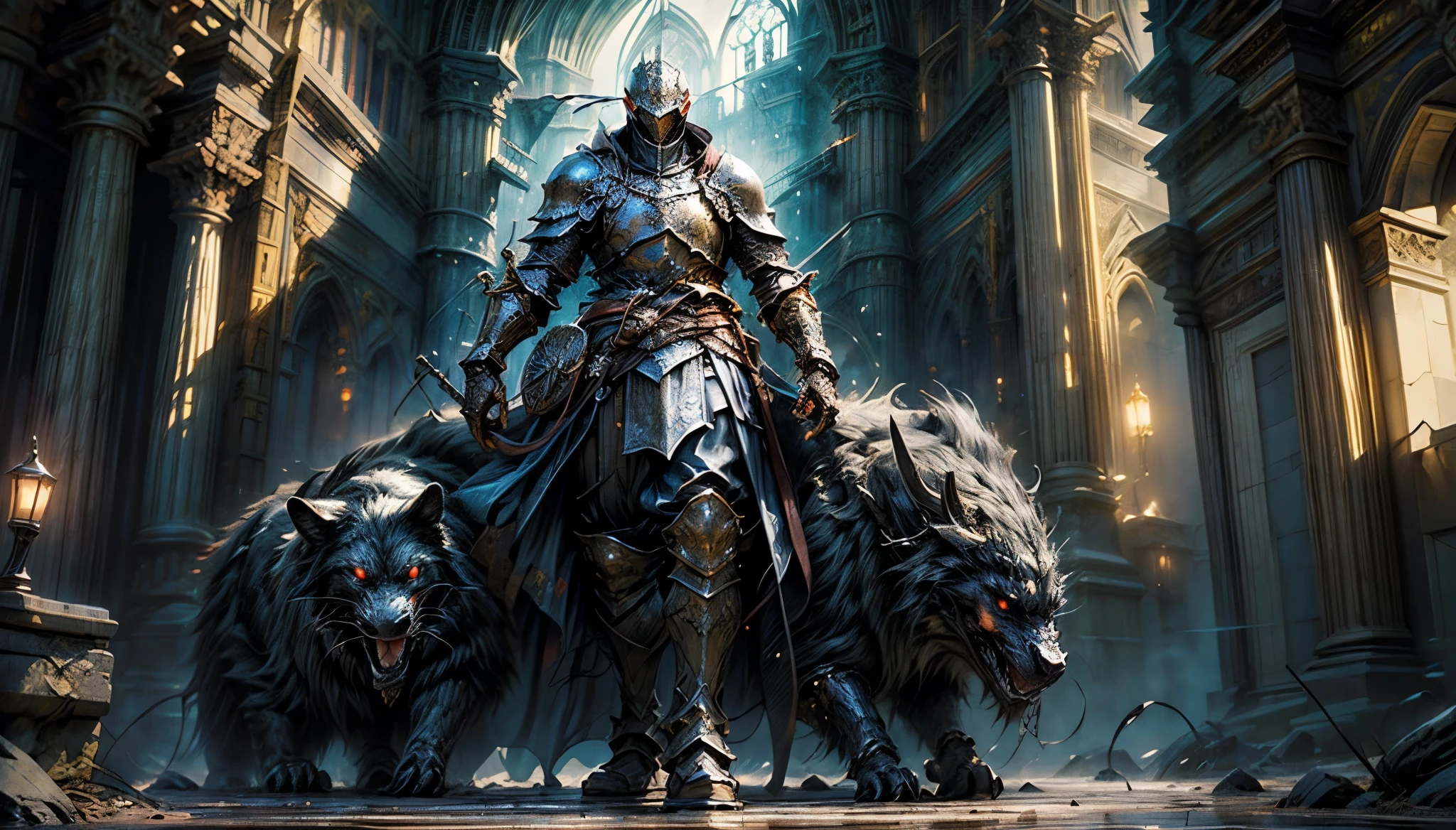 (masterpiece: 1.4, perfect quality: 1.1, beautiful artwork, award winner), A knight standing in the front of huge castle gates, wearing steel plate armour, dark souls style, extremely detailed, perfect texture, a little fog, grey colours, sad, grim fantasy