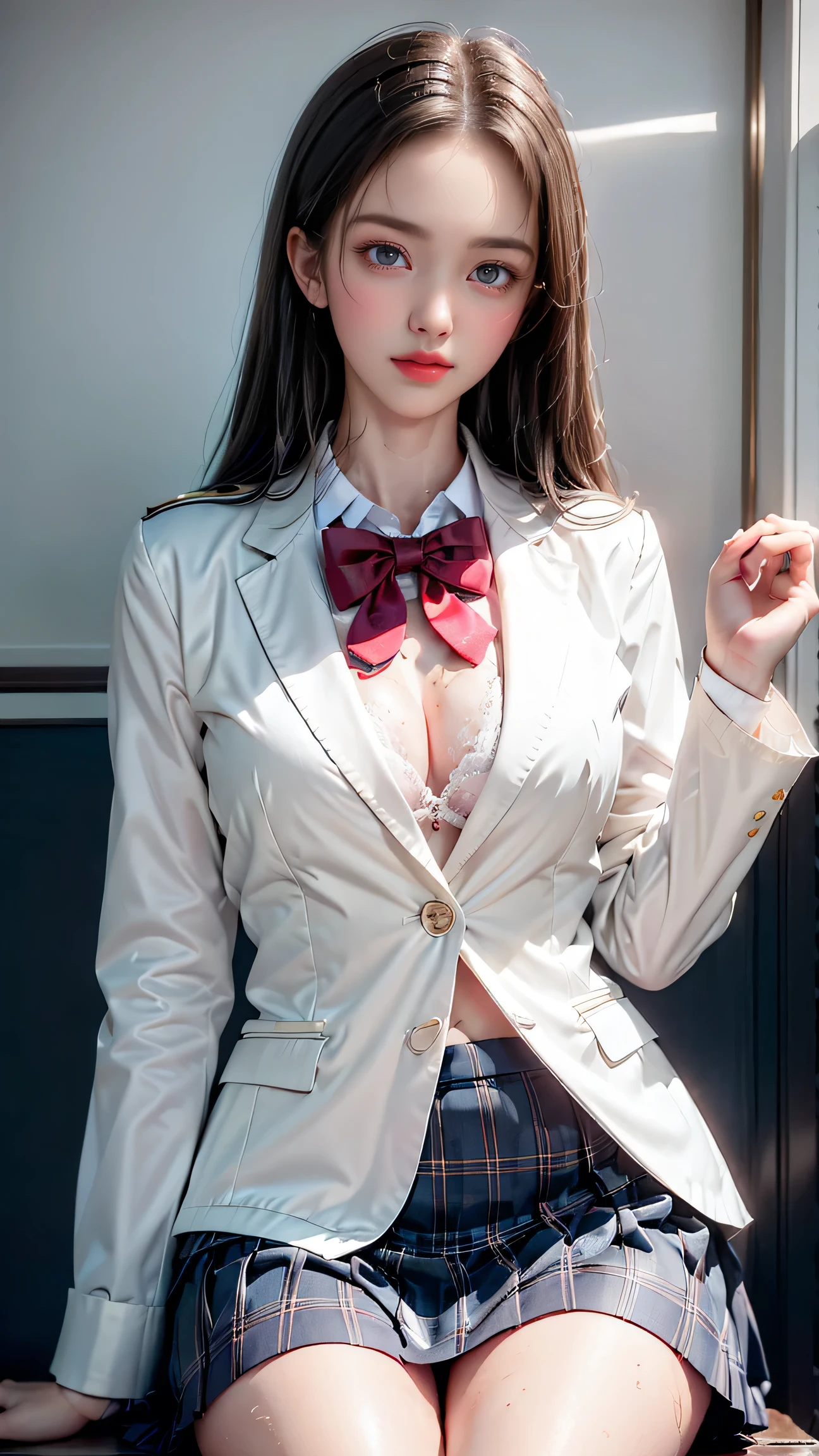 (Girl sitting on train seat)、Best quality work,Actual work,Ultra Premium Graphics,8K HD CG works,High quality graphics,High-definition CG works,10x pixels,Extremely fine detail:1.1,Advanced Technical Details:1.1 Photorealistic,Indoor lighting effects:1.5,Natural light:1.5. Light effects(virtual Light effects:1.8),Long silver hair((Eyes closed)), Thin eyebrows,High nose, Nice red lips, Rose Cheeks, A face with subtle makeup , Cute face, perfectly balanced face,(girl in school uniform),A light-toned foundation enhances the clarity of your skin.,((High school girl on the train door))、((Wet white blazer)),((Translucent wet white blouse、Red bow tie、Dark blue checked skirt)).((No bra)) 40k, photograph, Tabletop, highest quality, Rainy background, ((1 Gorgeous wet light haired girl with beautiful eyes, She has a beautiful face and wears glasses, )). White skin, Various poses.((Medium sized breasts,:1.1)), highest quality, Tabletop, Ultra-high resolution, (Realistic:1.4), RAWphotograph, (Perfect figure), (slim:1.3), Slim abdomen, Perfect slim figure, Dynamic Pose, (((Large :0.9))), alone, Cold light 12000K, Very detailed facial and skin texture, Fine grain, Realistic eyes, Beautiful fine grain, (Realistic Skin), Charm, 超A high resolution, Surreal, Very detailed,((she's soaking wet))、(())、((Backward view)),((look back))、
