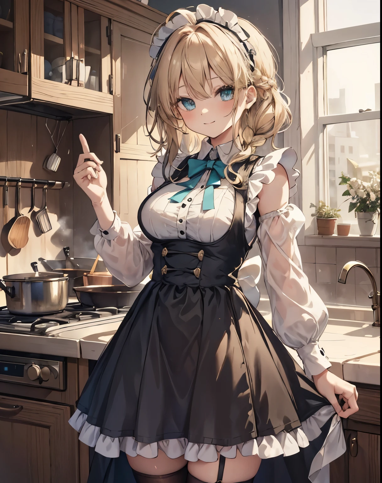 masterpiece, 1girl, sparrow, a blonde haired girl, wearing a maid clothes, curly medium hair, messy hair, slim body, he close her left eye, shirt ornament, aqua eyes, sho show her back, ahoge, black vest, baby face, big breast, beautiful breasts, rounded breasts, braid hair, long sleeves, beautiful eyes, white stocking, droopy eyes, her age is 19 years old, kitchen, victorian dress, maid headband, smile, toki_bluearchive