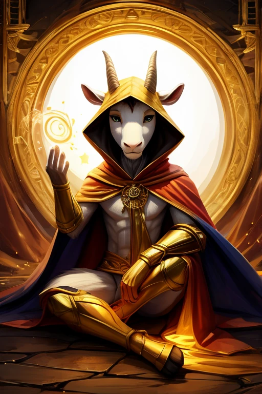 Bipedal creatures like goats , gold cape and hood,golden trim, sitting zen , Float like magic, Masterpiece, Best quality