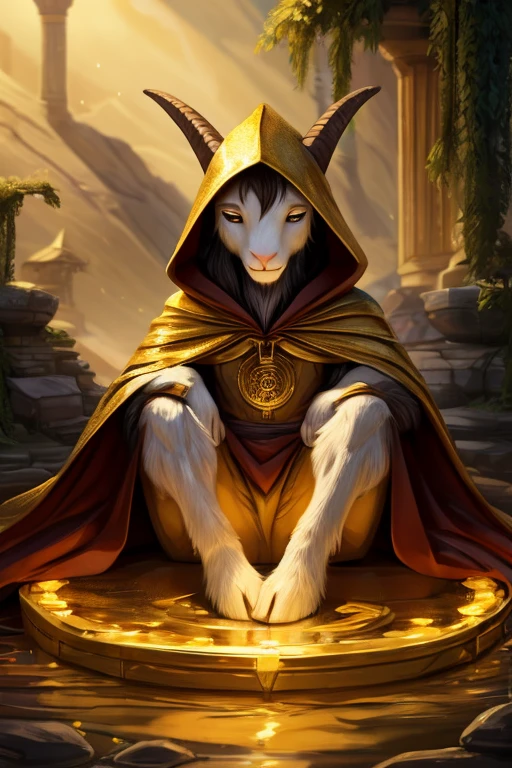 Bipedal creatures like goats , gold cape and hood,golden trim, sitting zen , Float like magic, Masterpiece, Best quality