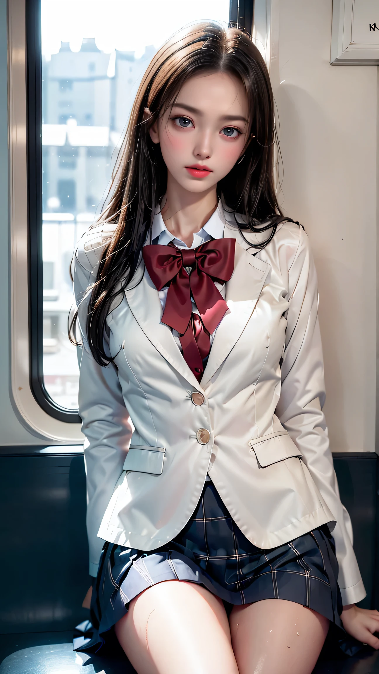 (Girl sitting on train seat)、Best quality work,Actual work,Ultra Premium Graphics,8K HD CG works,High quality graphics,High-definition CG works,10x pixels,Extremely fine detail:1.1,Advanced Technical Details:1.1 Photorealistic,Indoor lighting effects:1.5,Natural light:1.5. Light effects(virtual Light effects:1.8),Long silver hair((Eyes closed)), Thin eyebrows,High nose, Nice red lips, Rose Cheeks, A face with subtle makeup , Cute face, perfectly balanced face,(girl in school uniform),A light-toned foundation enhances the clarity of your skin.,((High school girl on the train door))、((Wet white blazer)),((Translucent wet white blouse、Red bow tie、Dark blue checked skirt)).((No bra)) 40k, photograph, Tabletop, highest quality, Rainy background, ((1 Gorgeous wet light haired girl with beautiful eyes, She has a beautiful face and wears glasses, )). White skin, Various poses.((Medium sized breasts,:1.1)), highest quality, Tabletop, Ultra-high resolution, (Realistic:1.4), RAWphotograph, (Perfect figure), (slim:1.3), Slim abdomen, Perfect slim figure, Dynamic Pose, (((Large :0.9))), alone, Cold light 12000K, Very detailed facial and skin texture, Fine grain, Realistic eyes, Beautiful fine grain, (Realistic Skin), Charm, 超A high resolution, Surreal, Very detailed,((she's soaking wet))、(())、((Backward view)),((look back))、