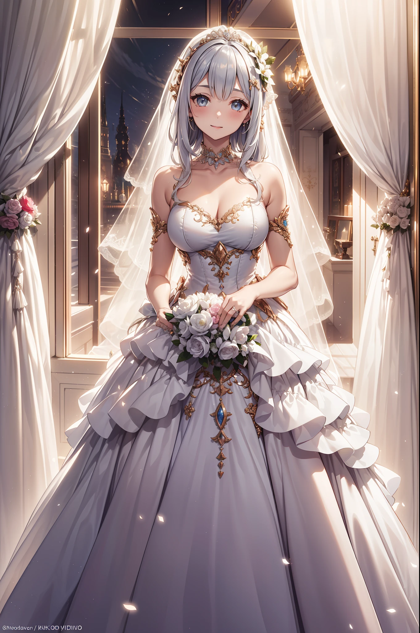 (Best quality,4K,8K,A high resolution,Masterpiece:1.2),Ultra-detailed,Beautiful girl,Enchanted,Enchanting,cheerfulness,divino,Magical effect,Silver-white hair,(((wedding gown))),Love eyes，Bridal dress,Sophisticated attire,detailed lace,Bedroom,Solitude,during night,lacepantyhose,Sacred stripes,see-through transparent clothes