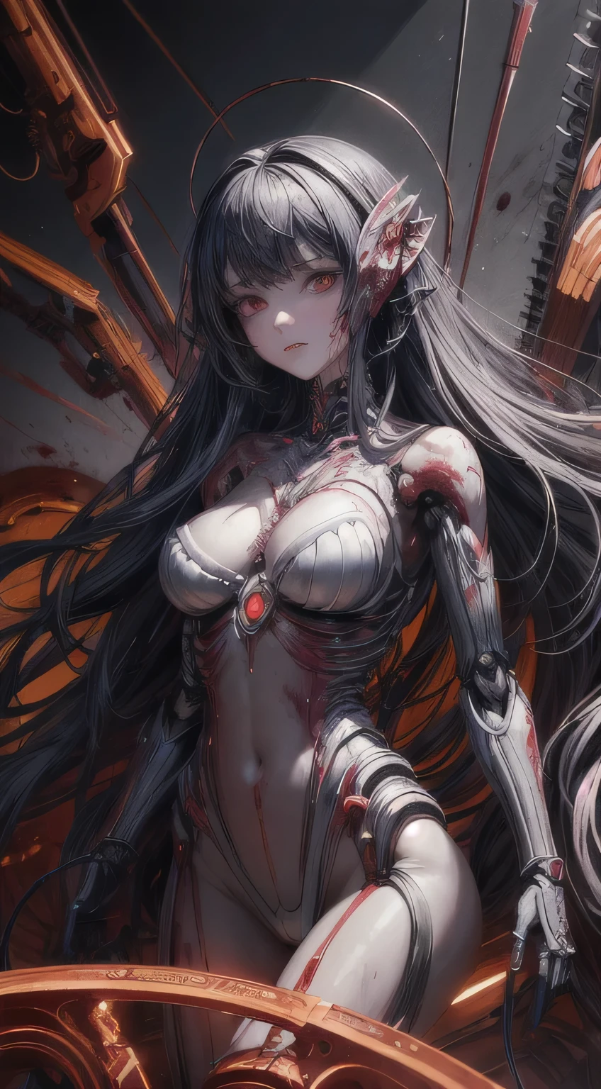 (masterpiece, top quality, best quality, official art, beautiful and aesthetic:1.2), (1girl:1.3), extreme detailed,colorful,highest detailed ((ultra-detailed)), (highly detailed CG illustration), ((an extremely delicate and beautiful)),(from side),cinematic light,((1mechanical girl)),solo,full body,(machine made joints:1.2),((machanical limbs)),(blood vessels connected to tubes),(mechanical vertebra attaching to back),((mechanical cervial attaching to neck)),(sitting),expressionless,(wires and cables attaching to neck:1.2),(wires and cables on head:1.2)(character focus),science fiction,white background,(blood:1.5)